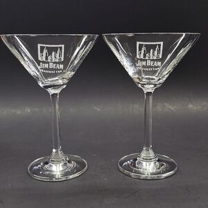 2 Etched Crystal Jim Beam Manhattan Bourbon Whiskey Glasses Collectable RARE